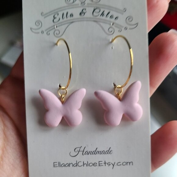 Cute 18K Gold Plated Matte Pink Clay Butterfly Dangle Hoop Earrings Fairycore - Picture 2 of 8